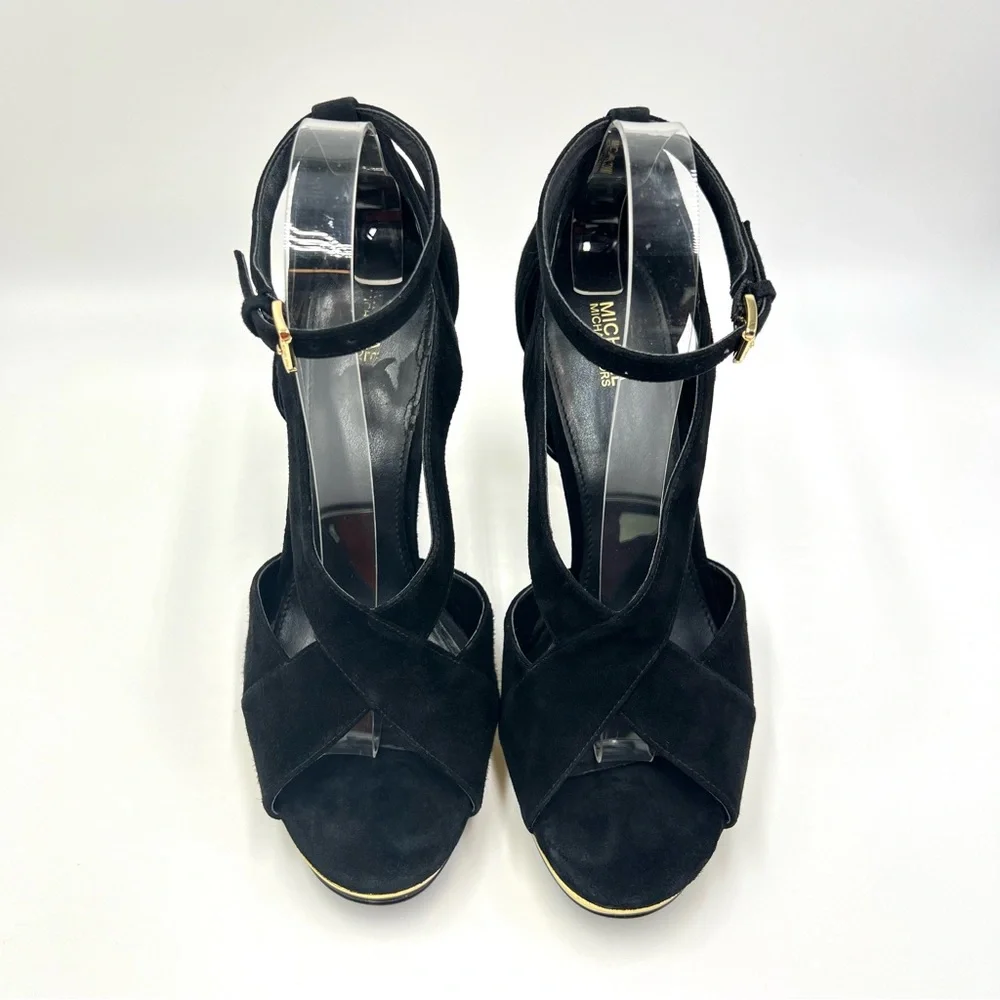 MK‎ Michael Kors Womens Size 9.5 Black Suede Gold Stiletto Platform Heels Shoes